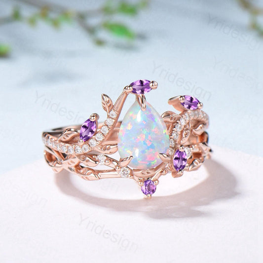 Vintage Pear Shaped White Fire Opal Engagement Ring Set Nature Inspired Snake Marqusie Opal Wedding Set 14K Rose Gold Amethyst Bridal Set - PENFINE