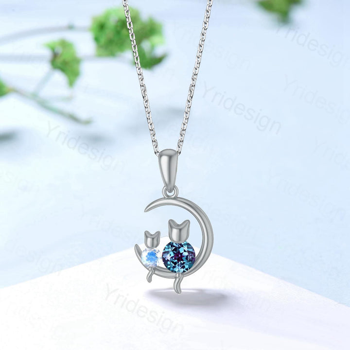 Dainty cat alexandrite moonstone necklace cute silver white gold moon family pendant personalized Two cats lying on the moon rocking chair - PENFINE