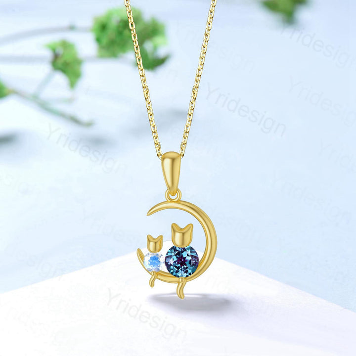 Dainty cat alexandrite moonstone necklace cute silver white gold moon family pendant personalized Two cats lying on the moon rocking chair - PENFINE