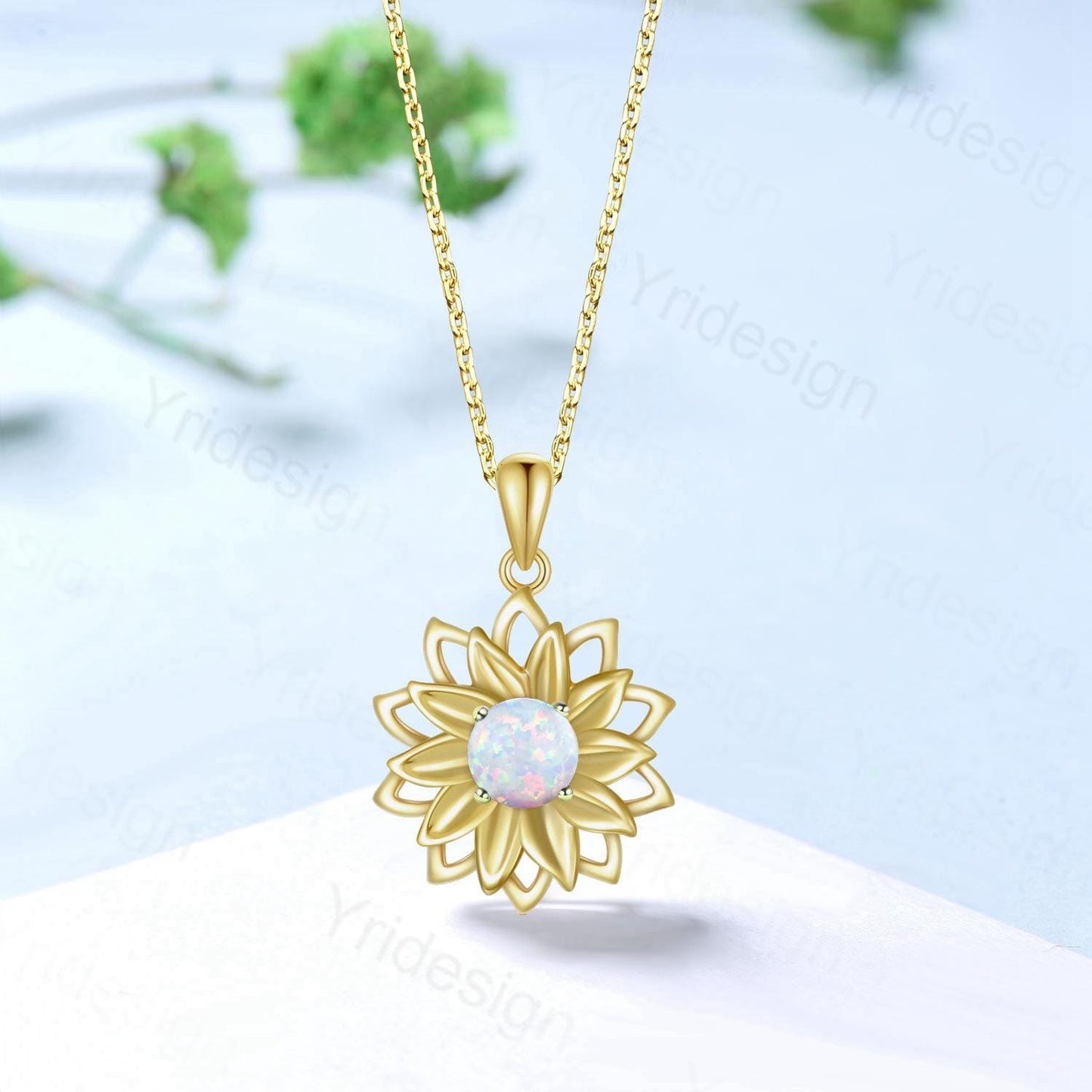 Vintage Sunflower White Opal Pendant Necklace fire opal leafy necklace elegant spinner pendant October birthstone anniversary gifts for mom - PENFINE