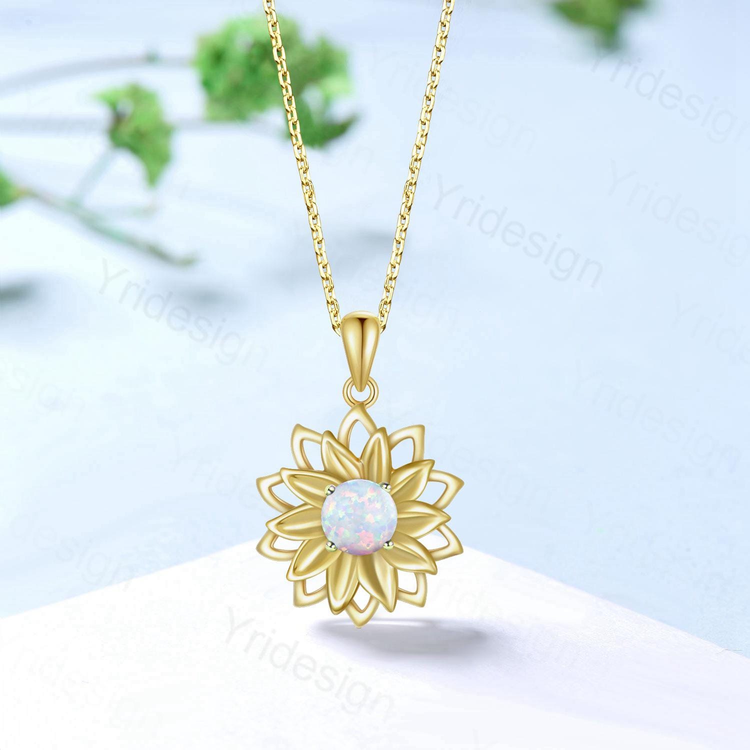 Vintage Sunflower White Opal Pendant Necklace fire opal leafy necklace elegant spinner pendant October birthstone anniversary gifts for mom - PENFINE