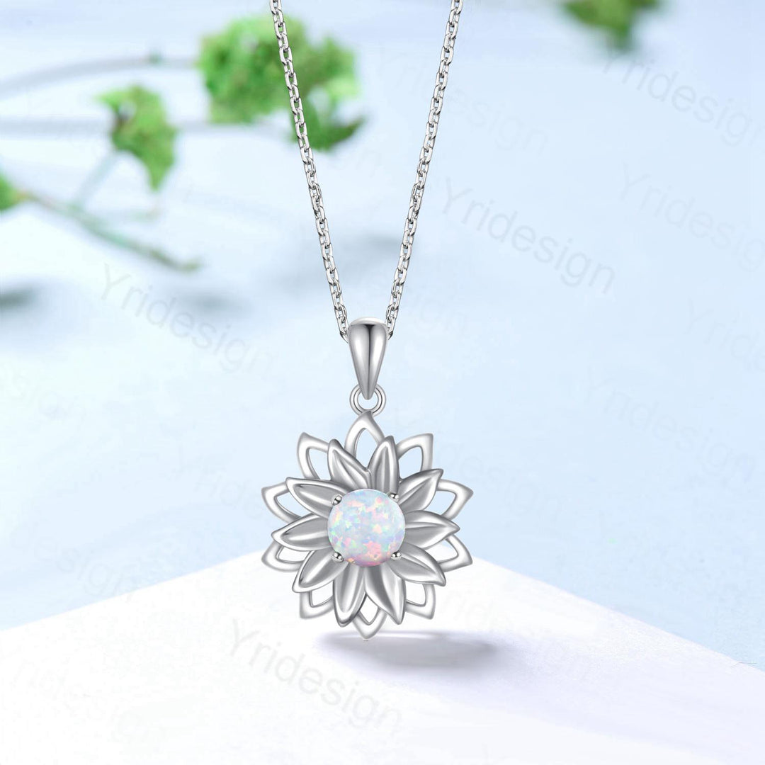 Vintage Sunflower White Opal Pendant Necklace fire opal leafy necklace elegant spinner pendant October birthstone anniversary gifts for mom - PENFINE