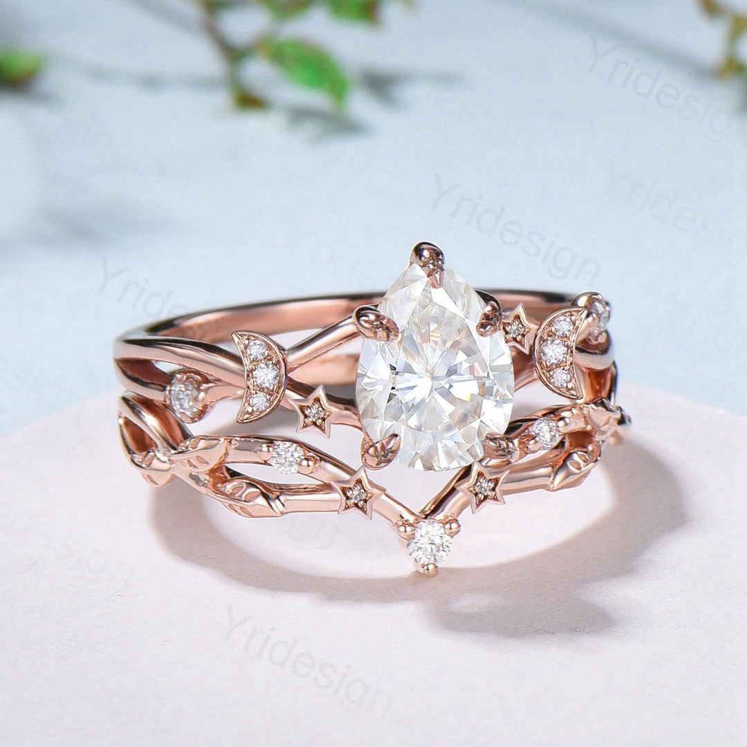 Vintage Pear Shaped Diamond Engagement Ring Set Moon Star Rose Gold Moissanite Wedding Ring Set Nature Inspired Twig Vine Anniversary Ring - PENFINE