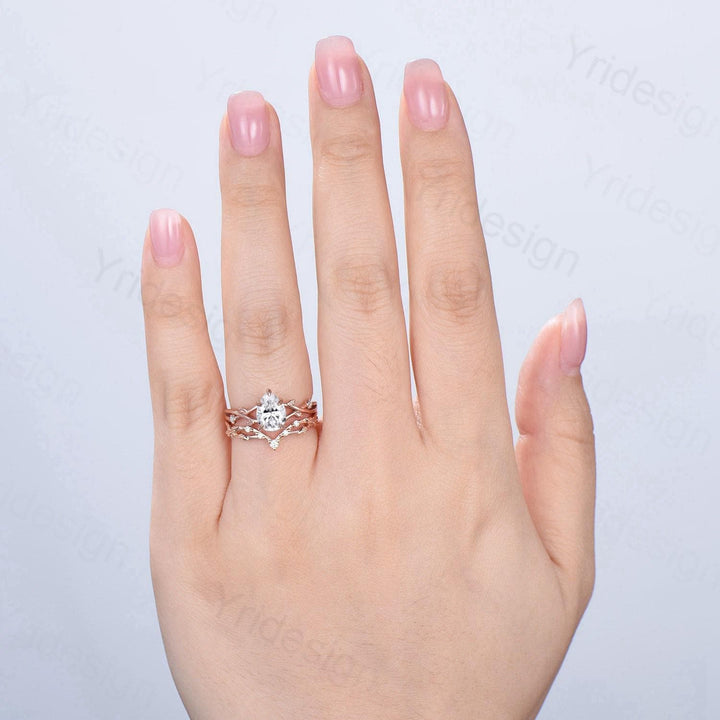 Vintage Pear Shaped Diamond Engagement Ring Set Moon Star Rose Gold Moissanite Wedding Ring Set Nature Inspired Twig Vine Anniversary Ring - PENFINE