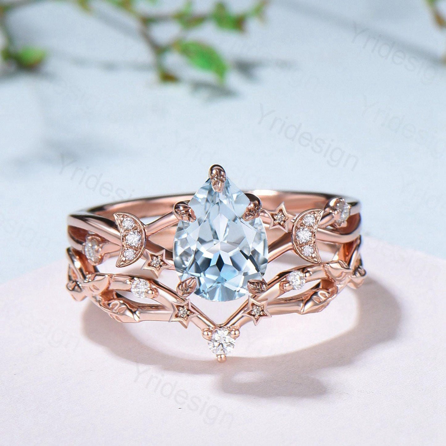 Unique Moon Star Natural Aquamarine Engagement Ring Set Nature Inspired March Birthstone Pear Shaped Wedding Ring Set Art Deco Bridal Set - PENFINE