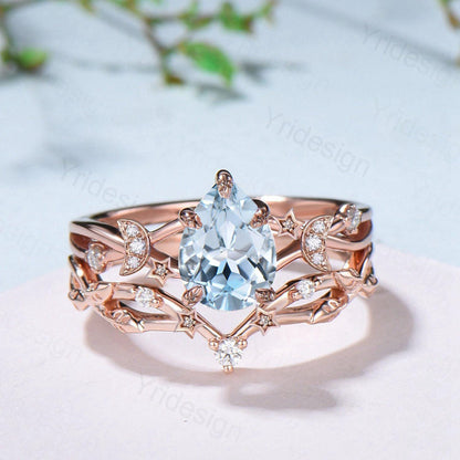 Unique Moon Star Natural Aquamarine Engagement Ring Set Nature Inspired March Birthstone Pear Shaped Wedding Ring Set Art Deco Bridal Set - PENFINE