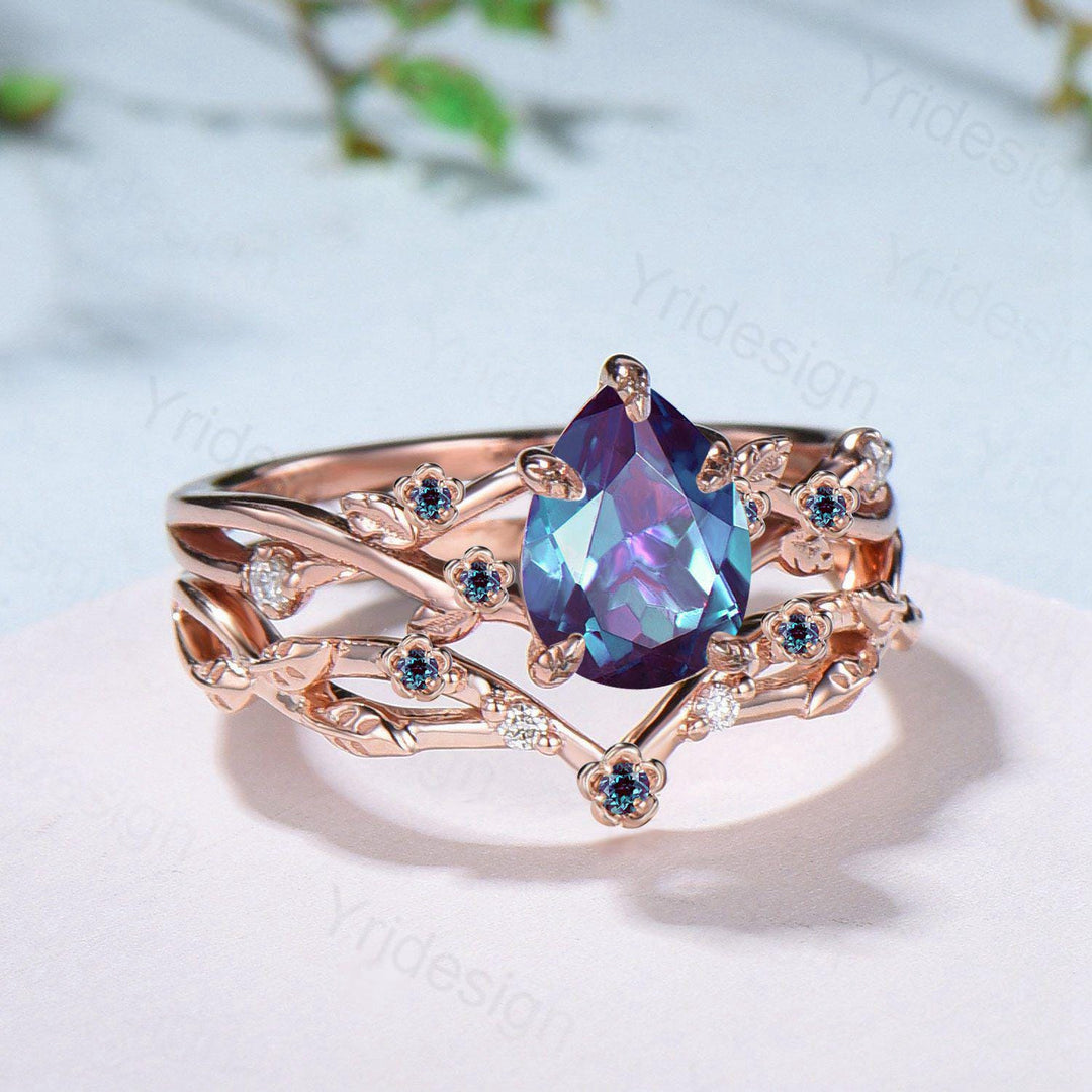 Floral alexandrite engagement ring set Nature inspired color change stone engagement ring set silver rose gold leafy vine bridal wedding set - PENFINE