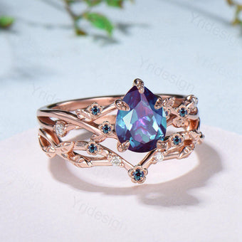 Floral alexandrite engagement ring set Nature inspired color change stone engagement ring set silver rose gold leafy vine bridal wedding set - PENFINE