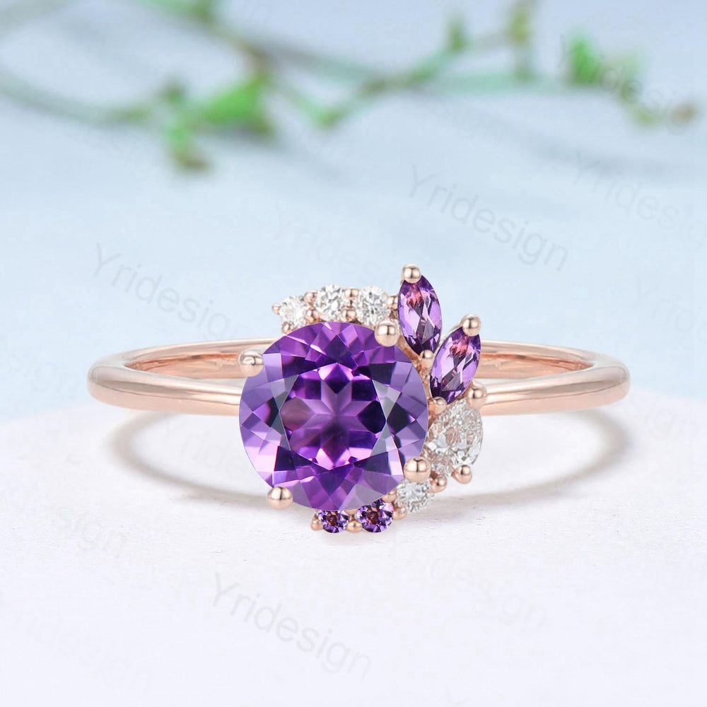 Half Halo Round Cut Amethyst Engagement Ring Silver Rose Gold Cluster Purple Gemstone Wedding Ring February Birthstone Bridal Ring Gift - PENFINE