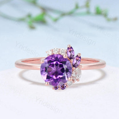 Half Halo Round Cut Amethyst Engagement Ring Silver Rose Gold Cluster Purple Gemstone Wedding Ring February Birthstone Bridal Ring Gift - PENFINE