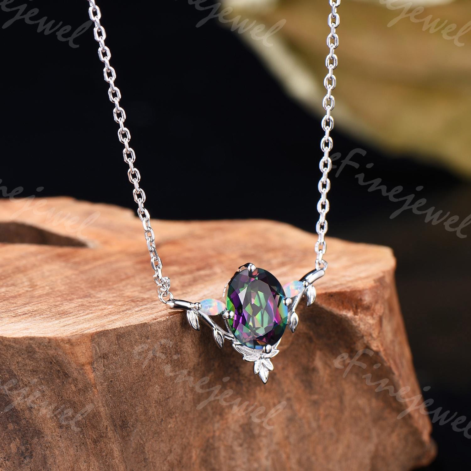 Mystic Topaz Necklace, Opal Leaf Vine Pendant, Handmade Wedding Jewelry