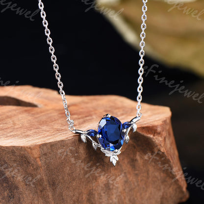 Oval Blue Sapphire Leaf Vine Necklace, Handmade Gold Wedding Pendant