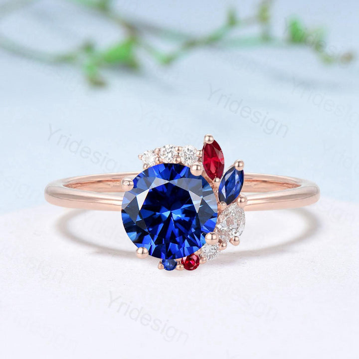 Unique Round Cut Blue Sapphire Engagement Ring Silver Rose Gold Cluster Marquise Ruby Wedding Ring Sep Birthstone Anniversary Promise Gifts - PENFINE