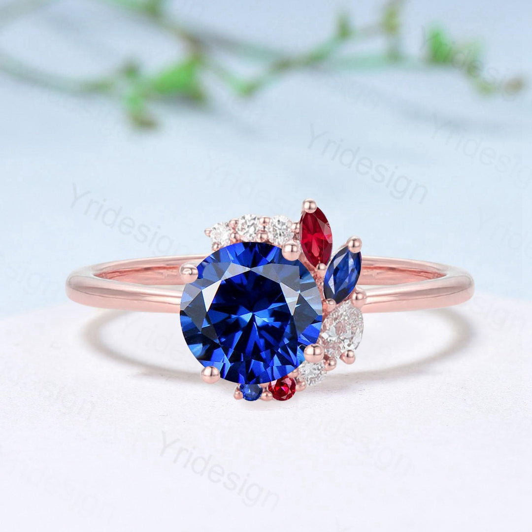 Unique Round Cut Blue Sapphire Engagement Ring Silver Rose Gold Cluster Marquise Ruby Wedding Ring Sep Birthstone Anniversary Promise Gifts - PENFINE