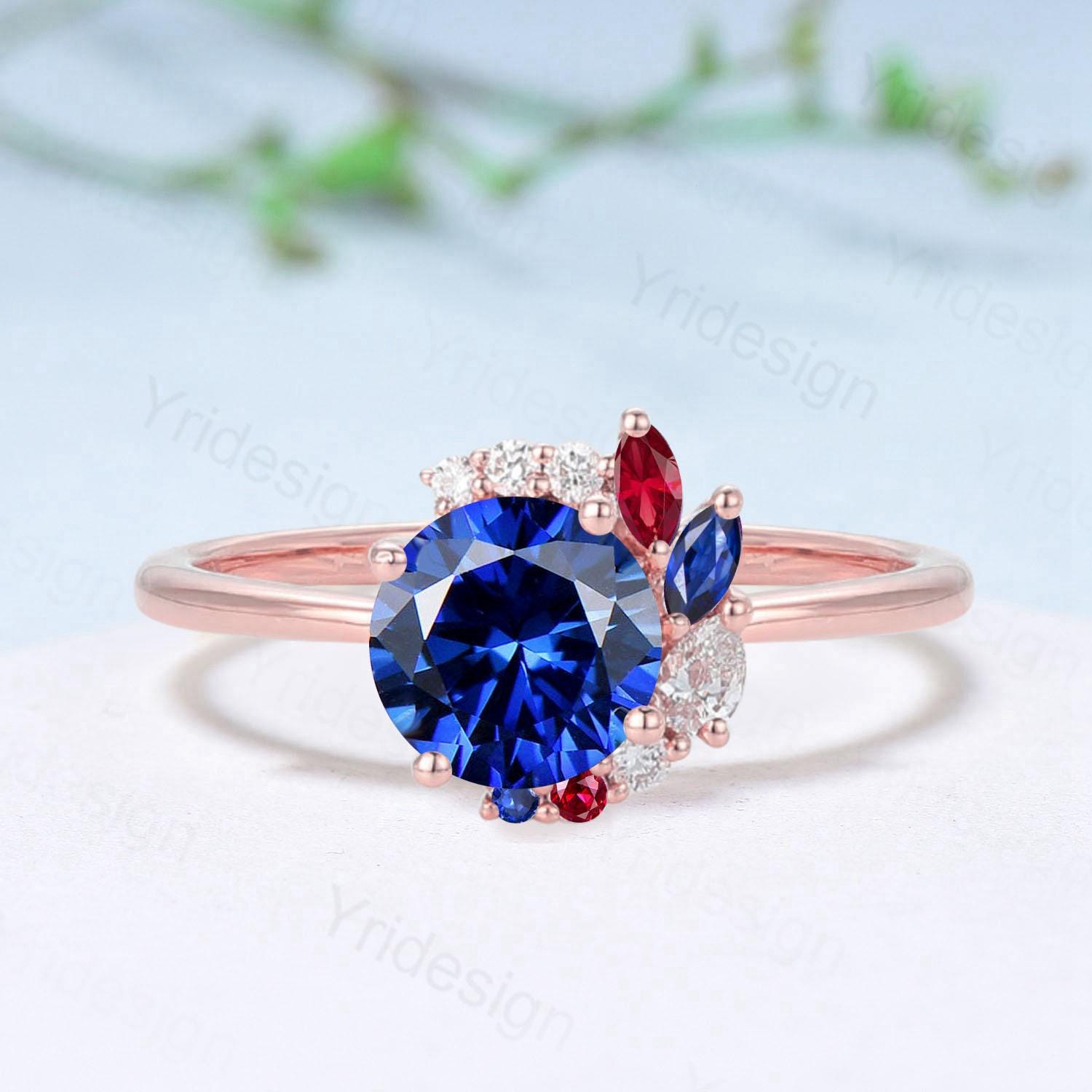 Unique Round Cut Blue Sapphire Engagement Ring Silver Rose Gold Cluster Marquise Ruby Wedding Ring Sep Birthstone Anniversary Promise Gifts - PENFINE