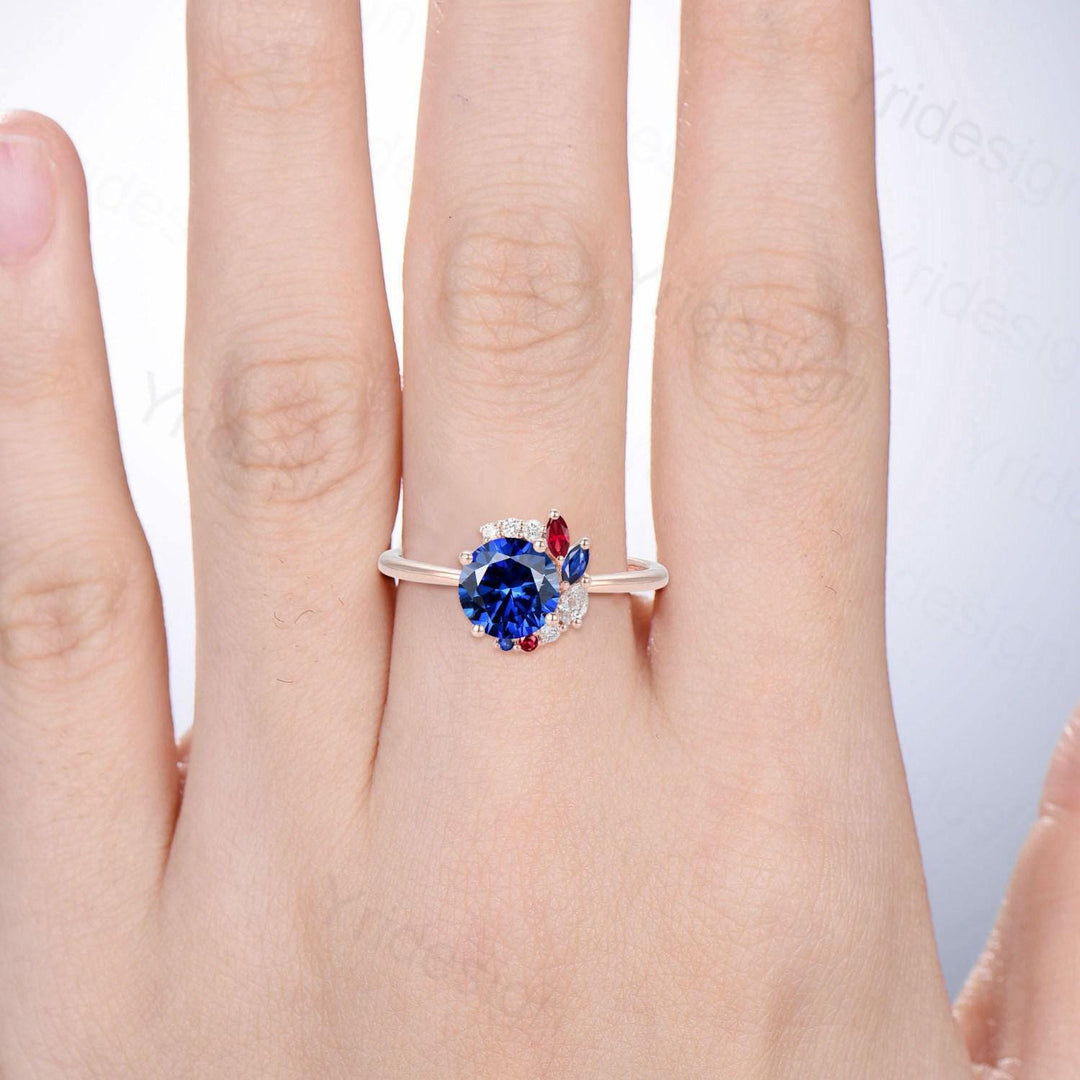 Unique Round Cut Blue Sapphire Engagement Ring Silver Rose Gold Cluster Marquise Ruby Wedding Ring Sep Birthstone Anniversary Promise Gifts - PENFINE
