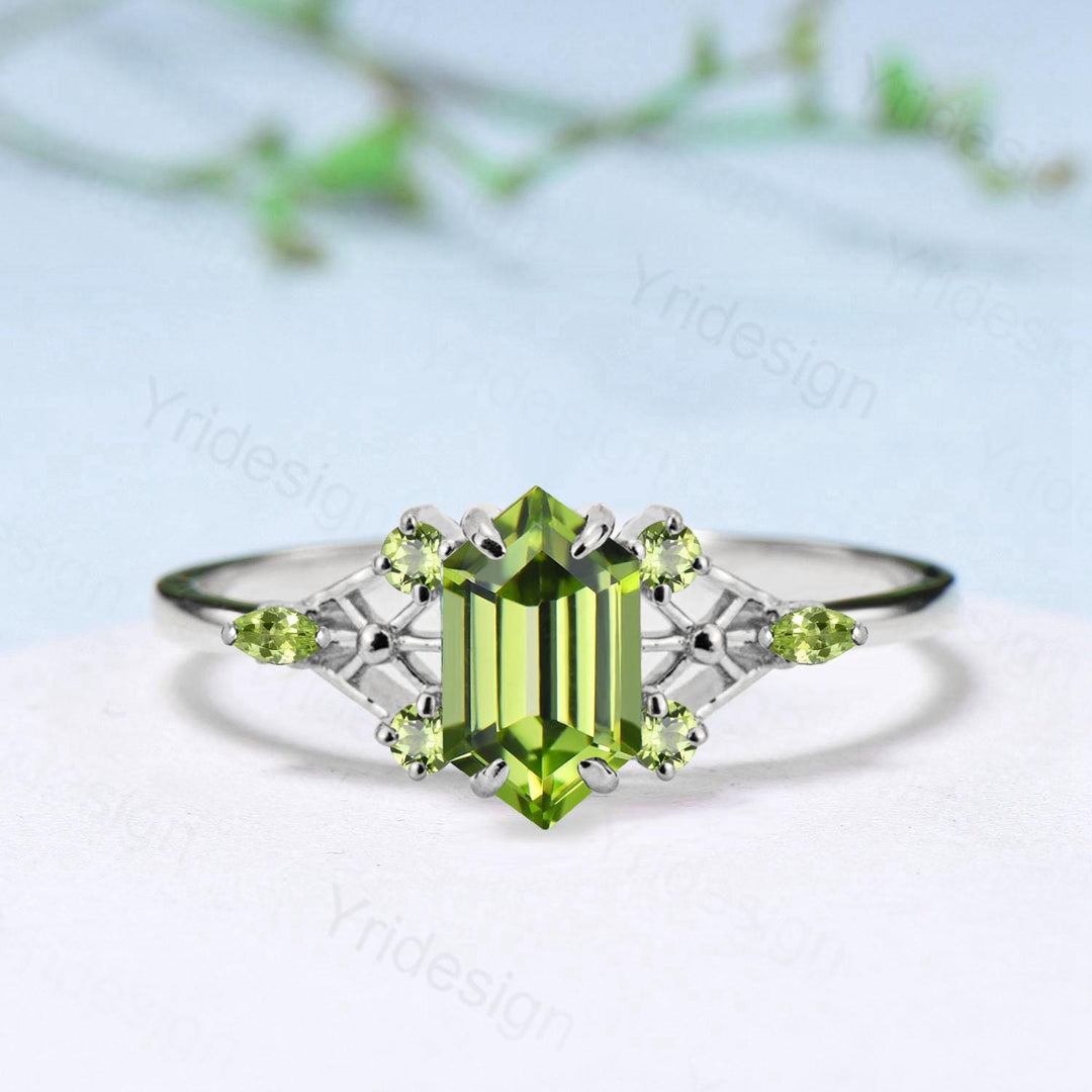 Vintage Elongated Hexagon Cut Peridot Engagement Ring Unique Spider Wedding Ring August Birthstone Anniversary Promise Ring Gift for Her - PENFINE
