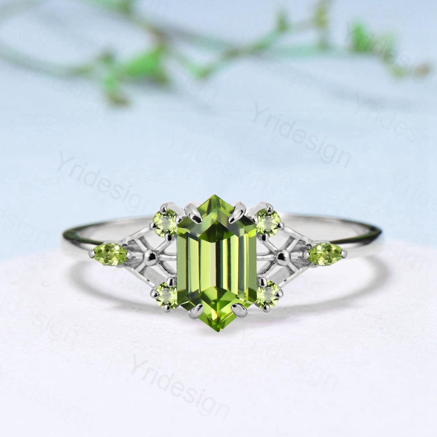 Vintage Elongated Hexagon Cut Peridot Engagement Ring Unique Spider Wedding Ring August Birthstone Anniversary Promise Ring Gift for Her - PENFINE