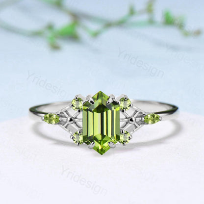 Vintage Elongated Hexagon Cut Peridot Engagement Ring Unique Spider Wedding Ring August Birthstone Anniversary Promise Ring Gift for Her - PENFINE