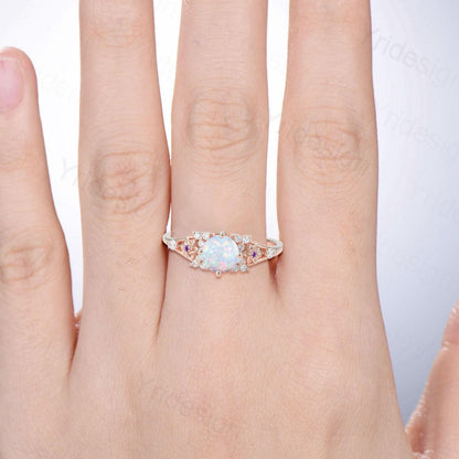 Unique White Opal Engagement Ring Vintage Floral Design Fire Opal Ring Natural Inspired Leaf Vine Cluster Amethyst Bride Wedding Ring Women - PENFINE