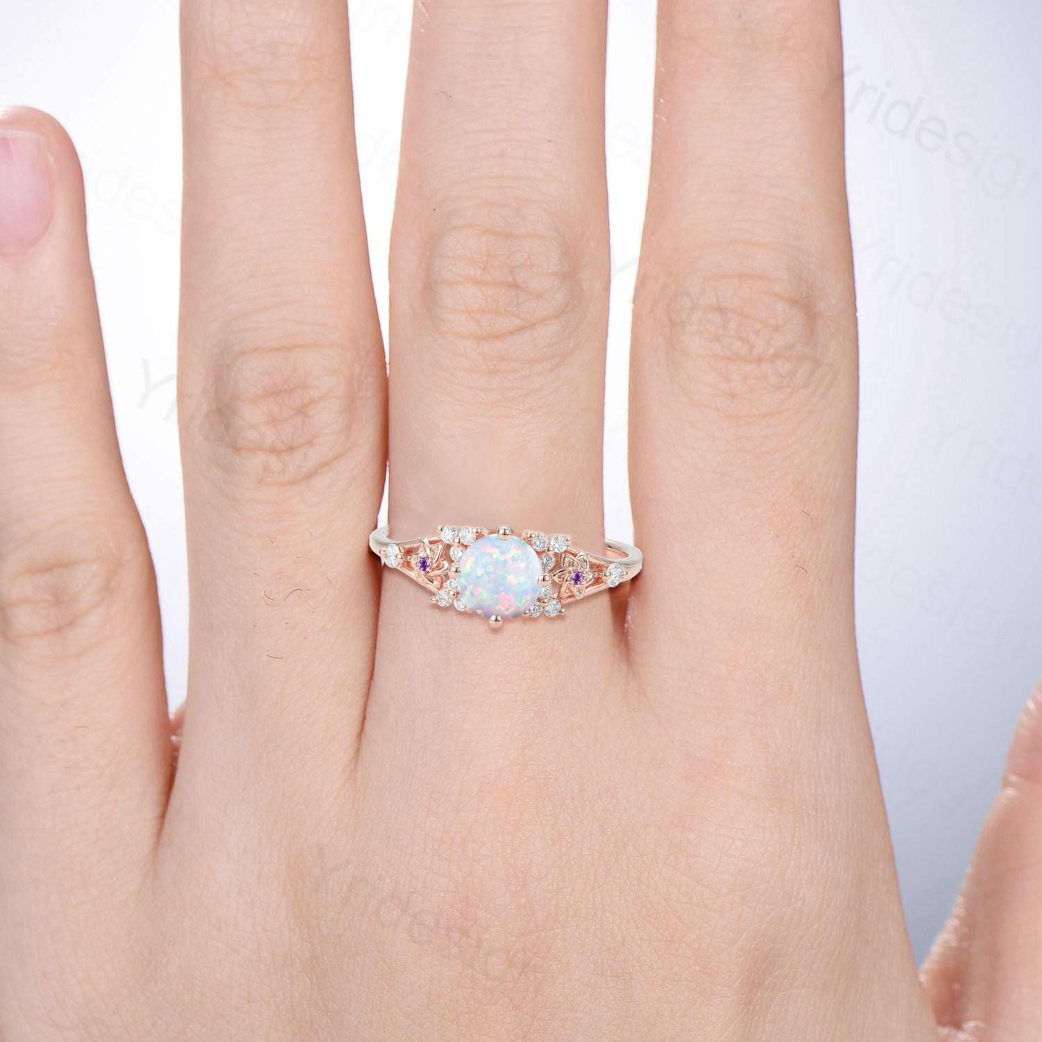 Floral White Opal Engagement Ring, Vintage Style, Amethyst Accent, Handmade - PENFINE