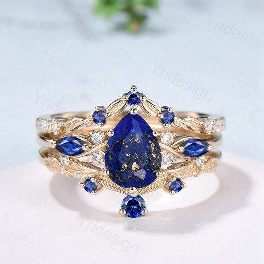 Vintage Lapis Lazuli engagement ring set blue gemstone engagement ring Unique sapphire bridal set leaf vine Curved Anniversary Promise gift - PENFINE