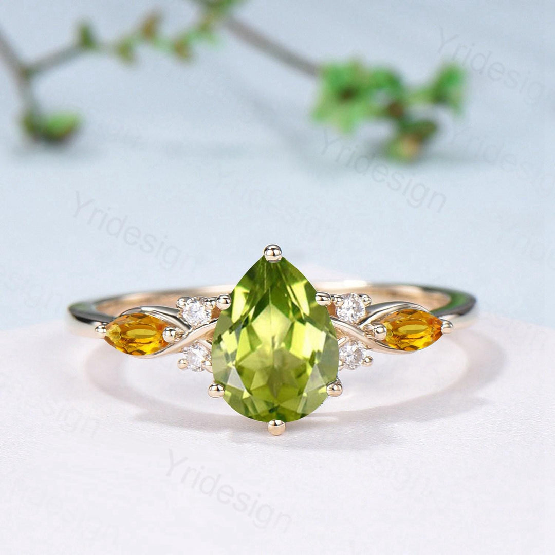 Vintage Peridot engagement ring set August birthstone wedding ring set Unique Citrine Bridal set Curved Anniversary Promise ring gifts women - PENFINE