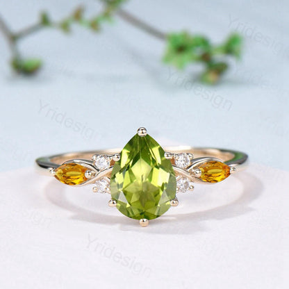 Vintage Peridot engagement ring set August birthstone wedding ring set Unique Citrine Bridal set Curved Anniversary Promise ring gifts women - PENFINE