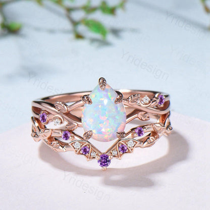 Teardrop White Opal Engagement Ring Set October Birthstone Amethyst Moon Bat Wedding Band Leaf Nature Inspired 2pcs Rose Gold Bridal Set - PENFINE
