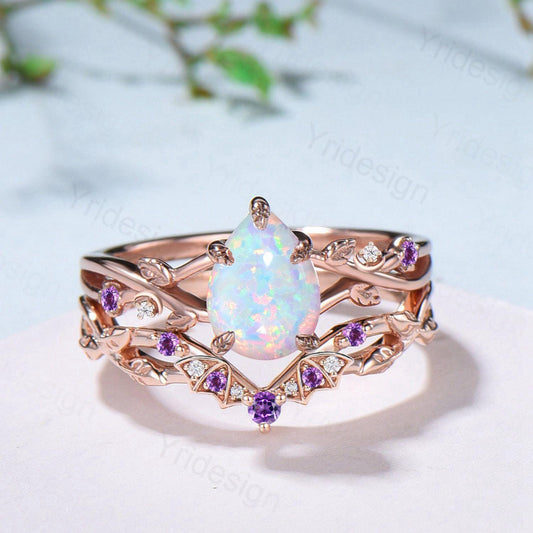 Teardrop White Opal Engagement Ring Set October Birthstone Amethyst Moon Bat Wedding Band Leaf Nature Inspired 2pcs Rose Gold Bridal Set - PENFINE