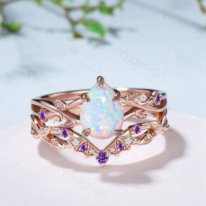 Teardrop White Opal Engagement Ring Set October Birthstone Amethyst Moon Bat Wedding Band Leaf Nature Inspired 2pcs Rose Gold Bridal Set - PENFINE
