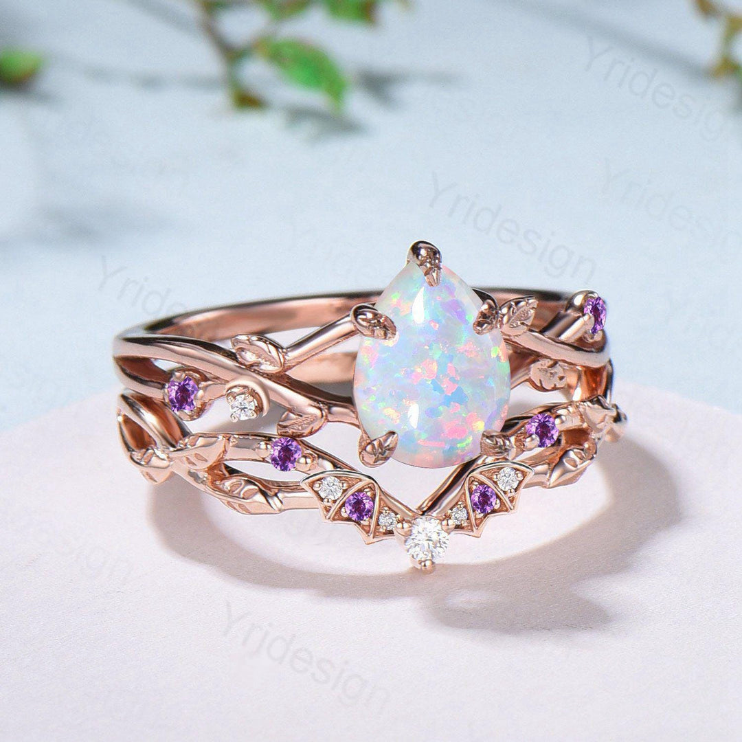 Teardrop White Opal Engagement Ring Set October Birthstone Amethyst Moon Bat Wedding Band Leaf Nature Inspired 2pcs Rose Gold Bridal Set - PENFINE