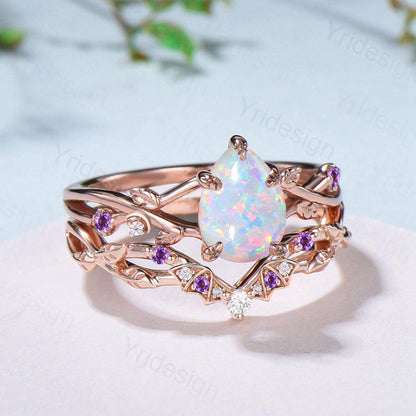Teardrop White Opal Engagement Ring Set October Birthstone Amethyst Moon Bat Wedding Band Leaf Nature Inspired 2pcs Rose Gold Bridal Set - PENFINE