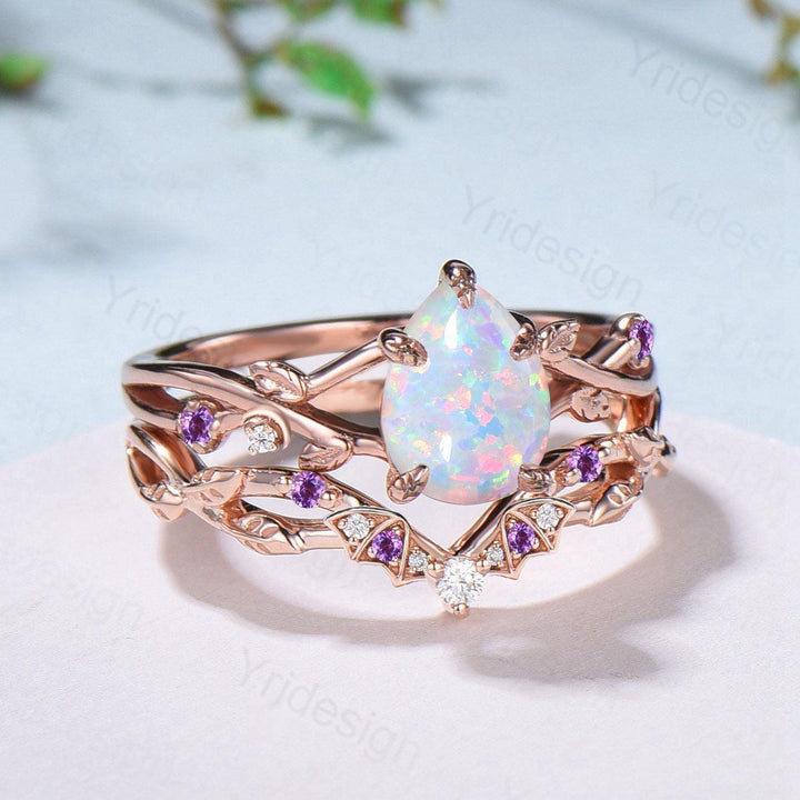 Teardrop White Opal Engagement Ring Set October Birthstone Amethyst Moon Bat Wedding Band Leaf Nature Inspired 2pcs Rose Gold Bridal Set - PENFINE