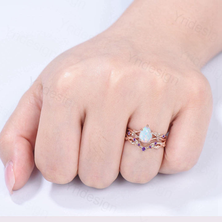 Teardrop White Opal Engagement Ring Set October Birthstone Amethyst Moon Bat Wedding Band Leaf Nature Inspired 2pcs Rose Gold Bridal Set - PENFINE