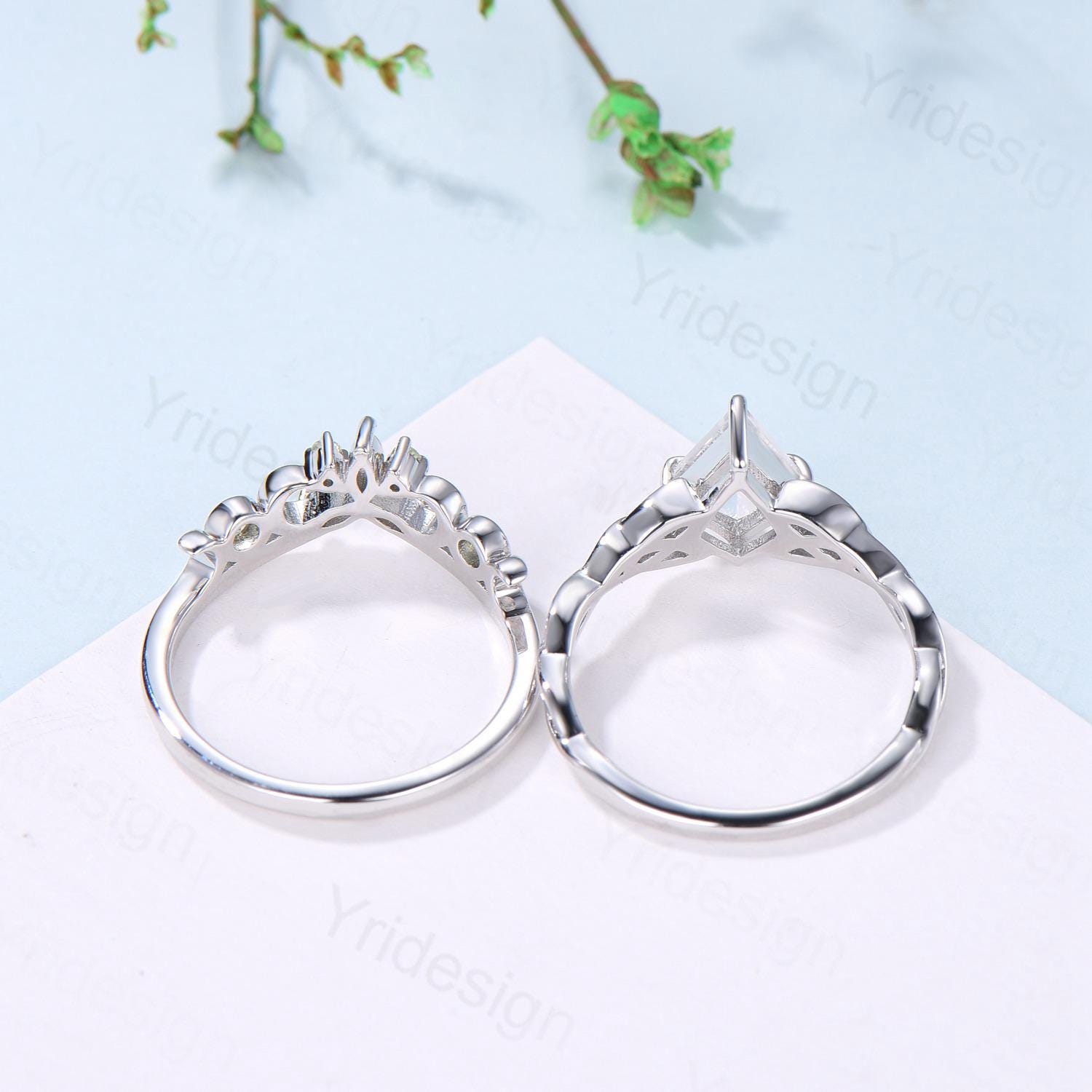 Norse Viking Kite Cut Natural White Sapphire Engagement Ring Set Unique Celtic Love Knot Peridot Butterfly Wedding Band Vintage Bridal Set - PENFINE