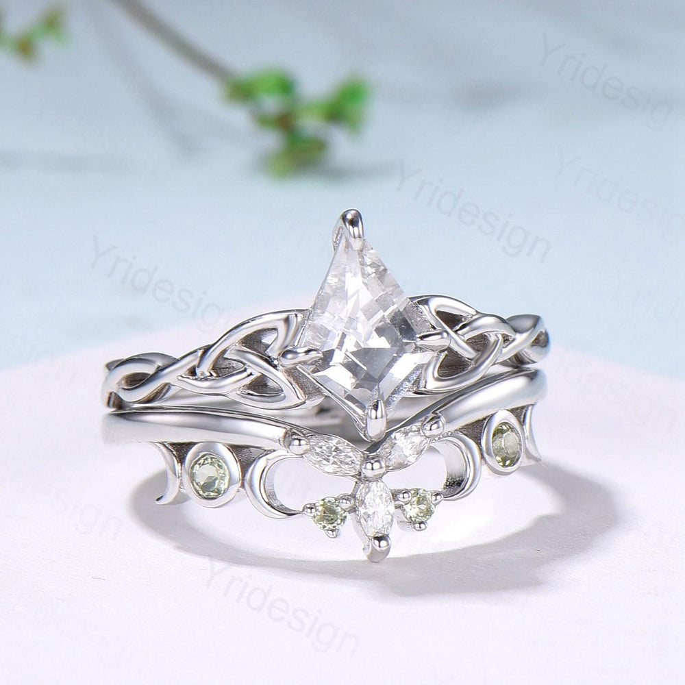 Norse Viking Kite Cut Natural White Sapphire Engagement Ring Set Unique Celtic Love Knot Peridot Butterfly Wedding Band Vintage Bridal Set - PENFINE