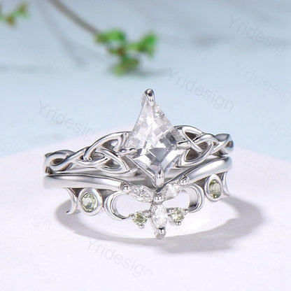 Norse Viking Kite Cut Natural White Sapphire Engagement Ring Set Unique Celtic Love Knot Peridot Butterfly Wedding Band Vintage Bridal Set - PENFINE