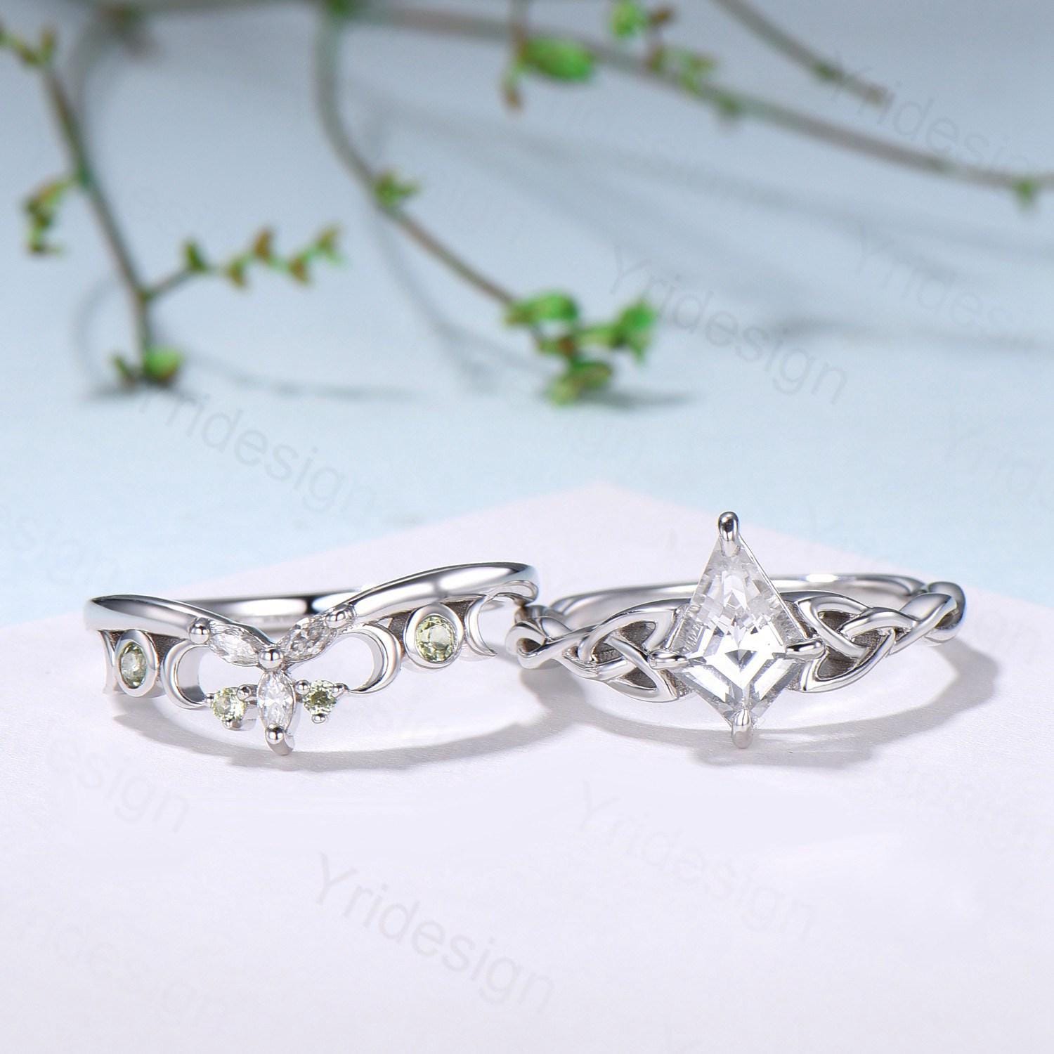 Norse Viking Kite Cut Natural White Sapphire Engagement Ring Set Unique Celtic Love Knot Peridot Butterfly Wedding Band Vintage Bridal Set - PENFINE
