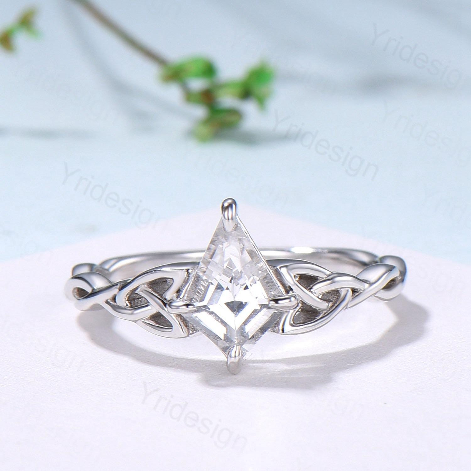 Norse Viking Kite Cut Natural White Sapphire Engagement Ring Set Unique Celtic Love Knot Peridot Butterfly Wedding Band Vintage Bridal Set - PENFINE