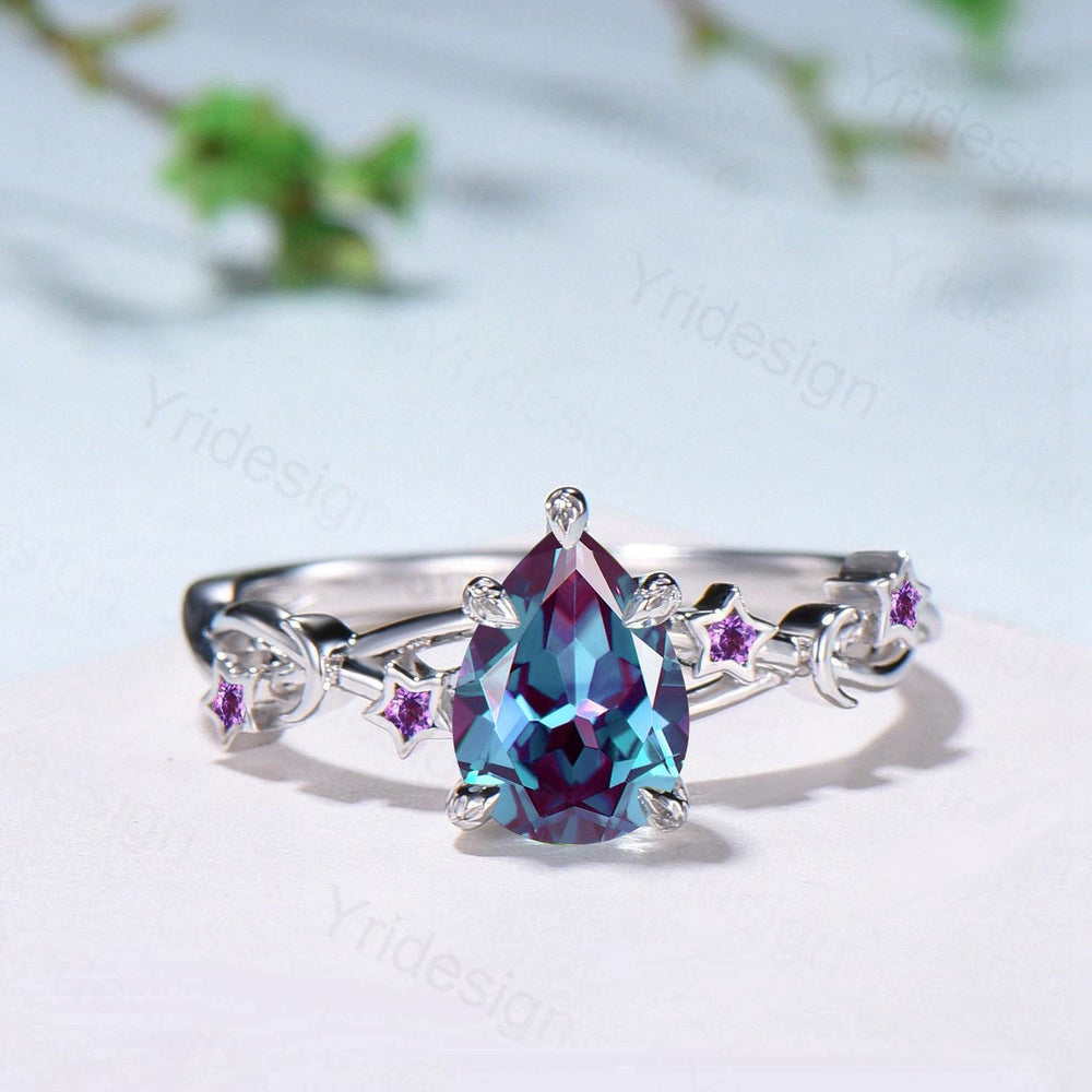 Vintage Pear Shaped Alexandrite Engagement Ring Moon Star Cluster Emerald Wedding Ring Silver White Gold Color Change Leaves Vine Prong Ring - PENFINE