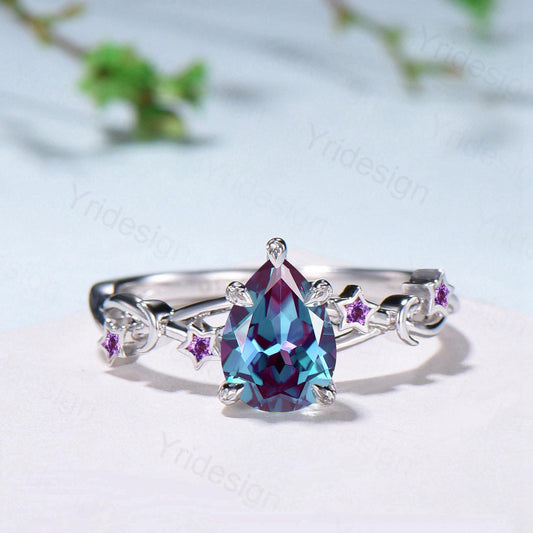 Vintage Pear Shaped Alexandrite Engagement Ring Moon Star Cluster Emerald Wedding Ring Silver White Gold Color Change Leaves Vine Prong Ring - PENFINE