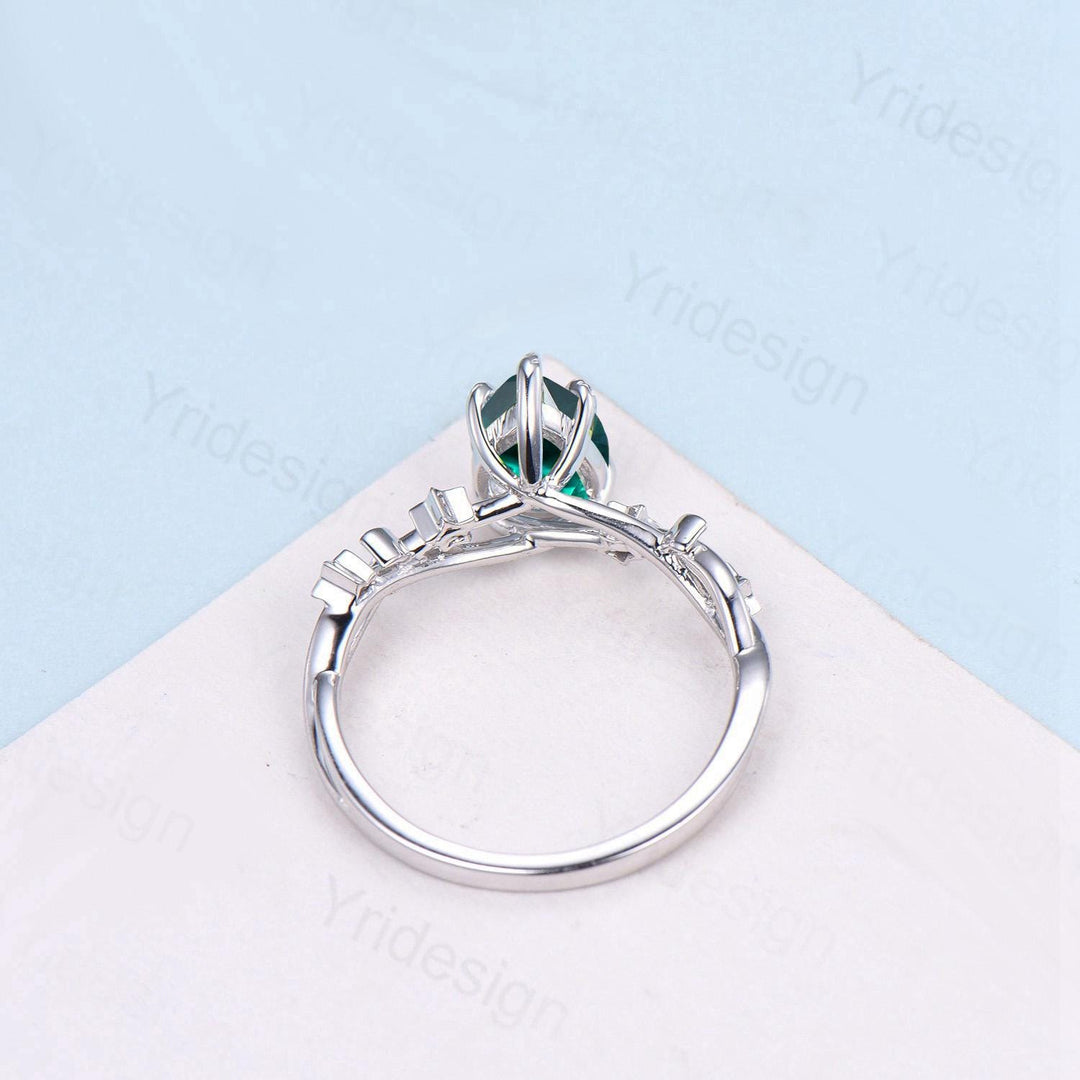 Vintage Pear Shaped Emerald Engagement Ring Moon Star Cluster Amethyst Wedding Ring Silver White Gold May Birthstone Leaves Vine Prong Ring - PENFINE