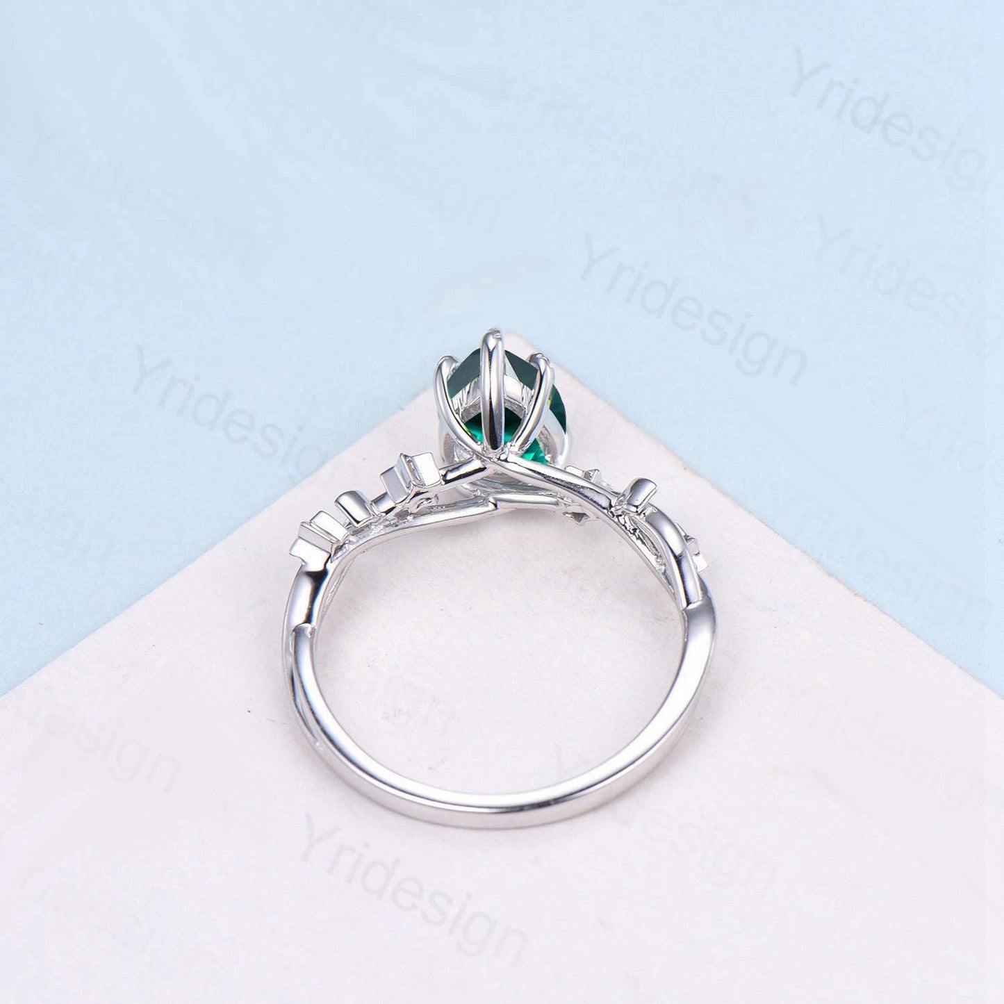 Vintage Pear Shaped Emerald Engagement Ring Moon Star Cluster Amethyst Wedding Ring Silver White Gold May Birthstone Leaves Vine Prong Ring - PENFINE