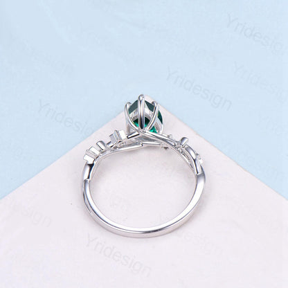 Vintage Pear Shaped Emerald Engagement Ring Moon Star Cluster Amethyst Wedding Ring Silver White Gold May Birthstone Leaves Vine Prong Ring - PENFINE