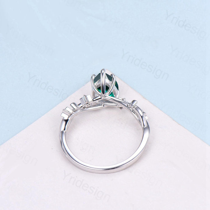 Vintage Pear Shaped Emerald Engagement Ring Moon Star Cluster Amethyst Wedding Ring Silver White Gold May Birthstone Leaves Vine Prong Ring - PENFINE