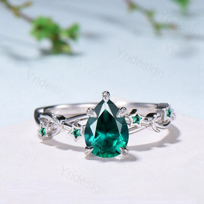 Vintage Pear Shaped Emerald Engagement Ring Moon Star Cluster Amethyst Wedding Ring Silver White Gold May Birthstone Leaves Vine Prong Ring - PENFINE