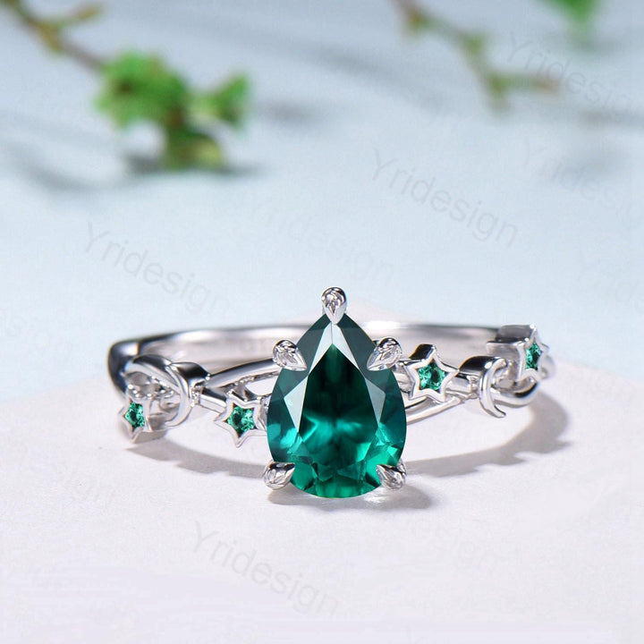Vintage Pear Shaped Emerald Engagement Ring Moon Star Cluster Amethyst Wedding Ring Silver White Gold May Birthstone Leaves Vine Prong Ring - PENFINE