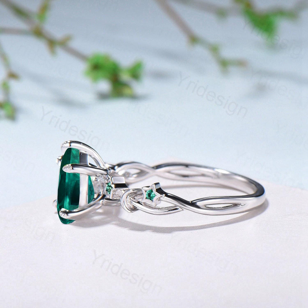 Vintage Pear Shaped Emerald Engagement Ring Moon Star Cluster Amethyst Wedding Ring Silver White Gold May Birthstone Leaves Vine Prong Ring - PENFINE
