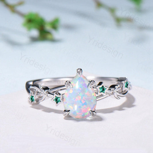 Vintage Pear Shaped White Opal Engagement Ring Moon Star Cluster Emerald Wedding Ring Silver Gold October Birthstone Leaves Vine Prong Ring - PENFINE